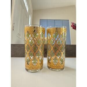 2 VTG Culver Glass Valencia 22K Gold Green Diamond 5 1/2” Tumblers MCM